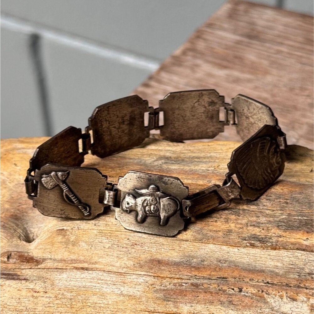 Vintage New Mexico souvenir panel link bracelet silver tone metal Native America